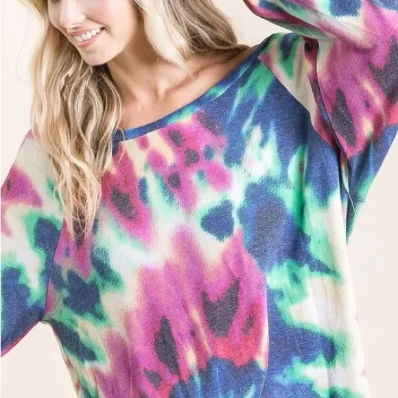 BiBi Tie Dye Print Terry Top with Puff Sleeves - Picture 7 of 10